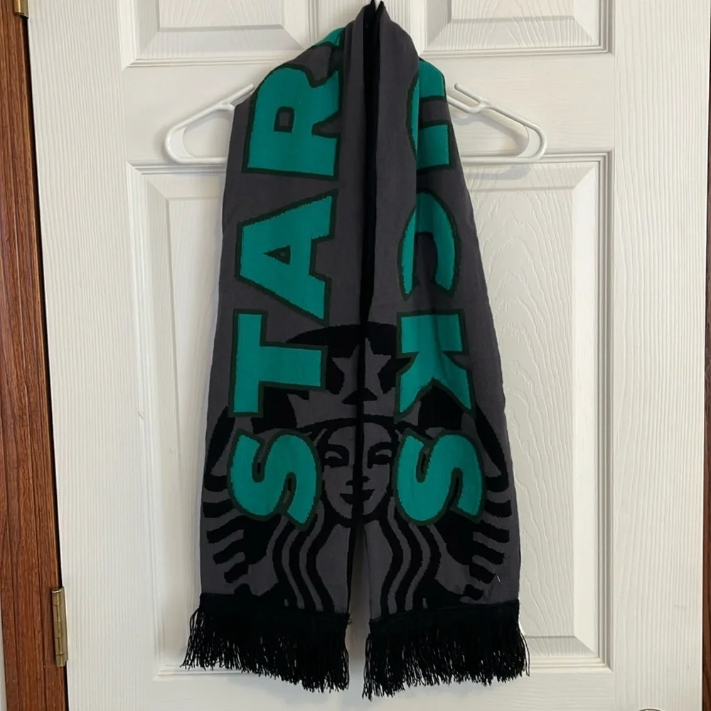 NWT Starbucks Gray, Green & Black Reversible Knit Fringed Scarf Mermaid Unisex
